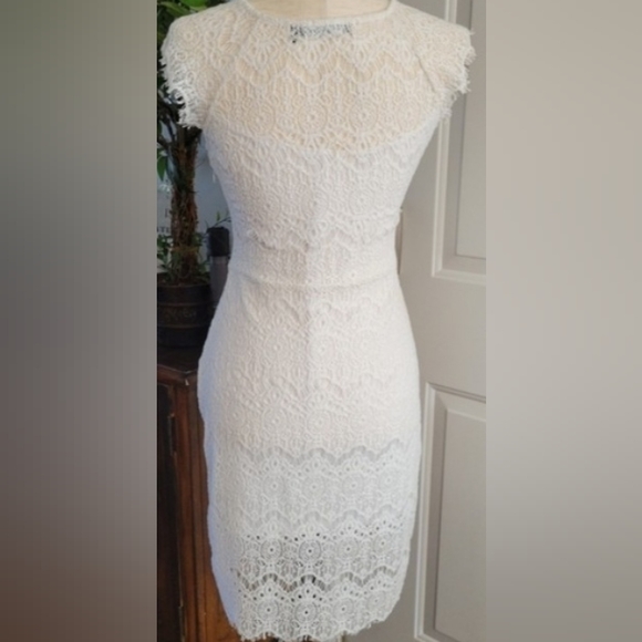 Vintage FloralPrint Lace Lure Bodycon Overlay Mini Dress White - Picture 6 of 12